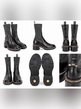Chloe Franne Boots EU 38.5 Black Leather Grey Knit Sock Brogue Lug Sole -Italy